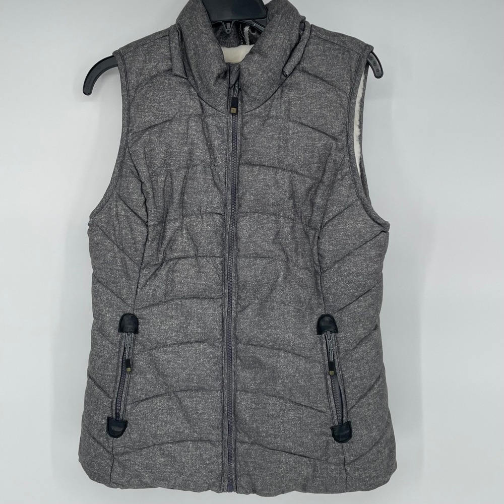 Green Tea Puffer Vest Heather Grey Quilted Full‎ Zip Fleece Lined Medium